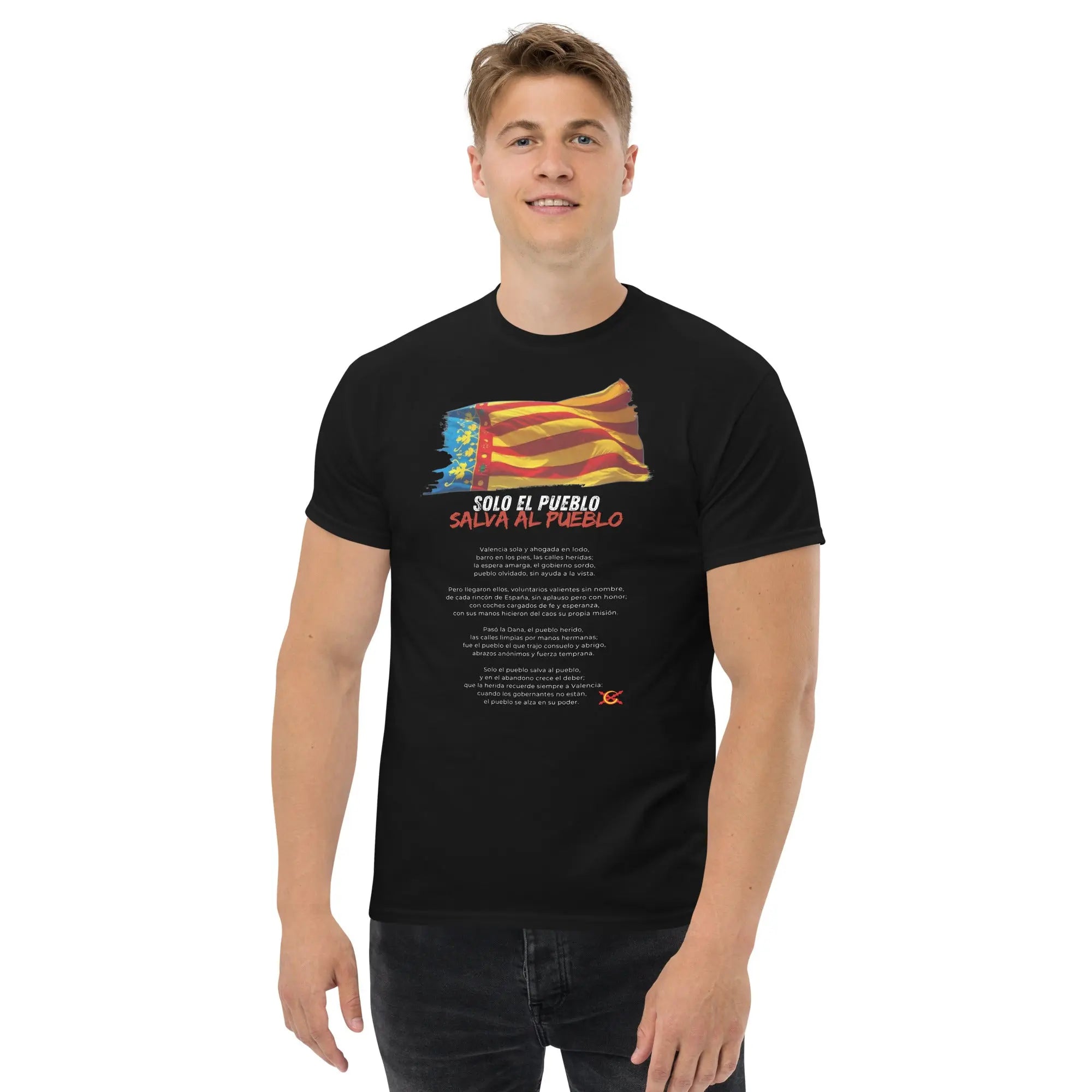 Comprar Camiseta Valencia Solo el pueblo salva al pueblo (con poema) - Manga corta unisex Bandera España La Flamenca de Borgoña Patricia Muñoz VOX