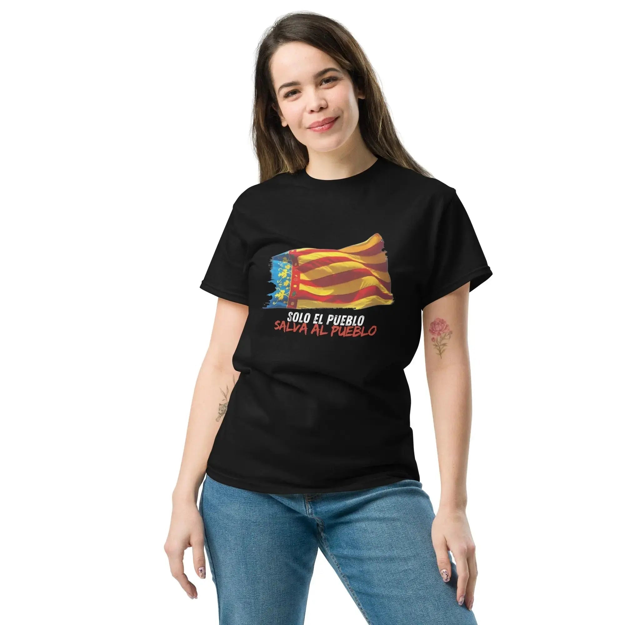 Comprar Camiseta Valencia Solo el Pueblo salva al Pueblo - Manga corta unisex - OFERTA La Flamenca de Borgoña Bandera España
