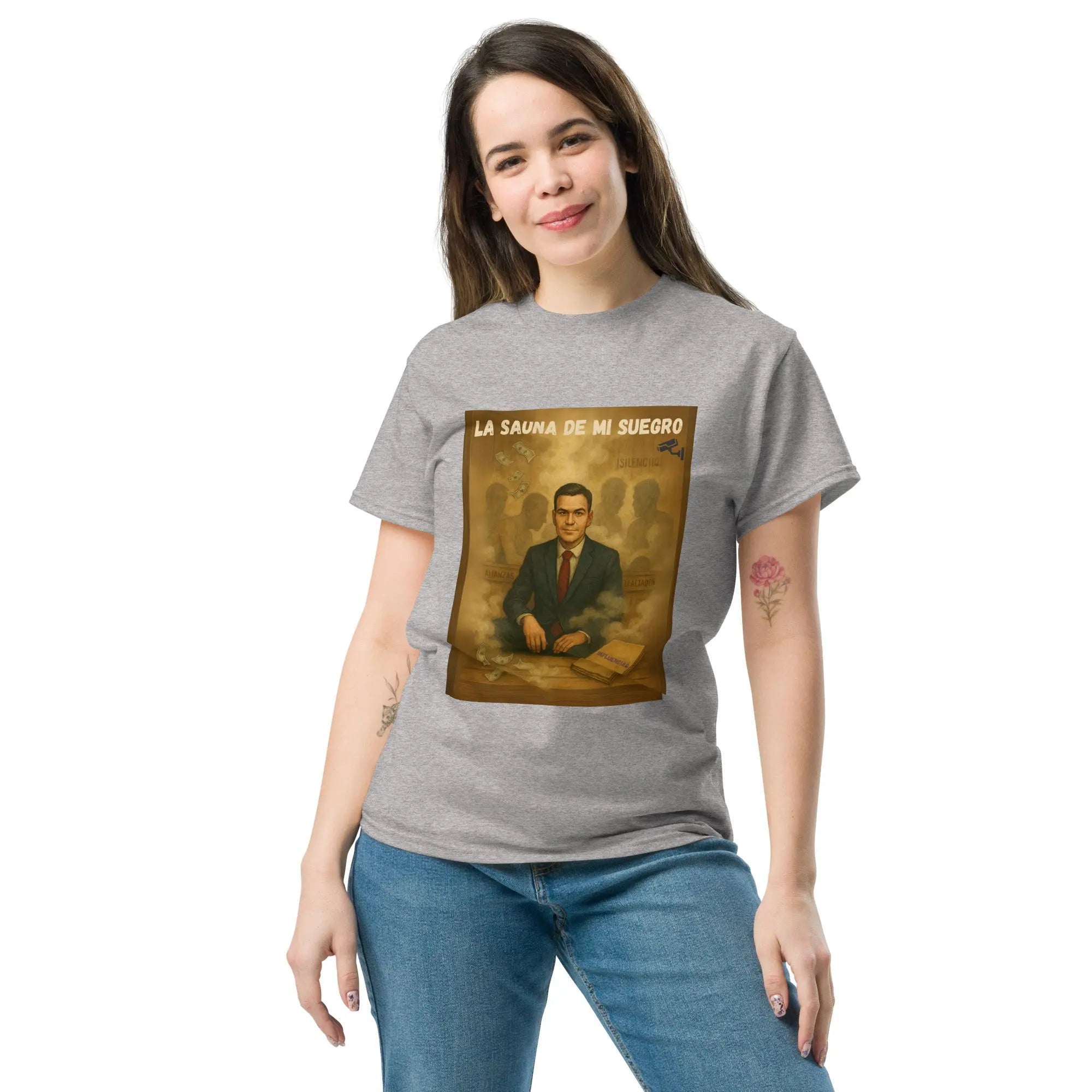 Comprar Camiseta La sauna de mi suegro - Pedro Sánchez Bandera España La Flamenca de Borgoña Patricia Muñoz VOX
