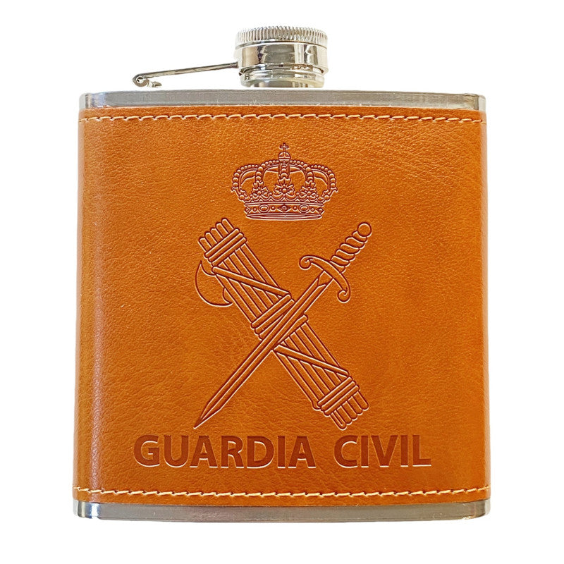 Petaca Guardia Civil de Acero Inoxidable 304 Forrada en Piel (Marron) 6oz 177ml