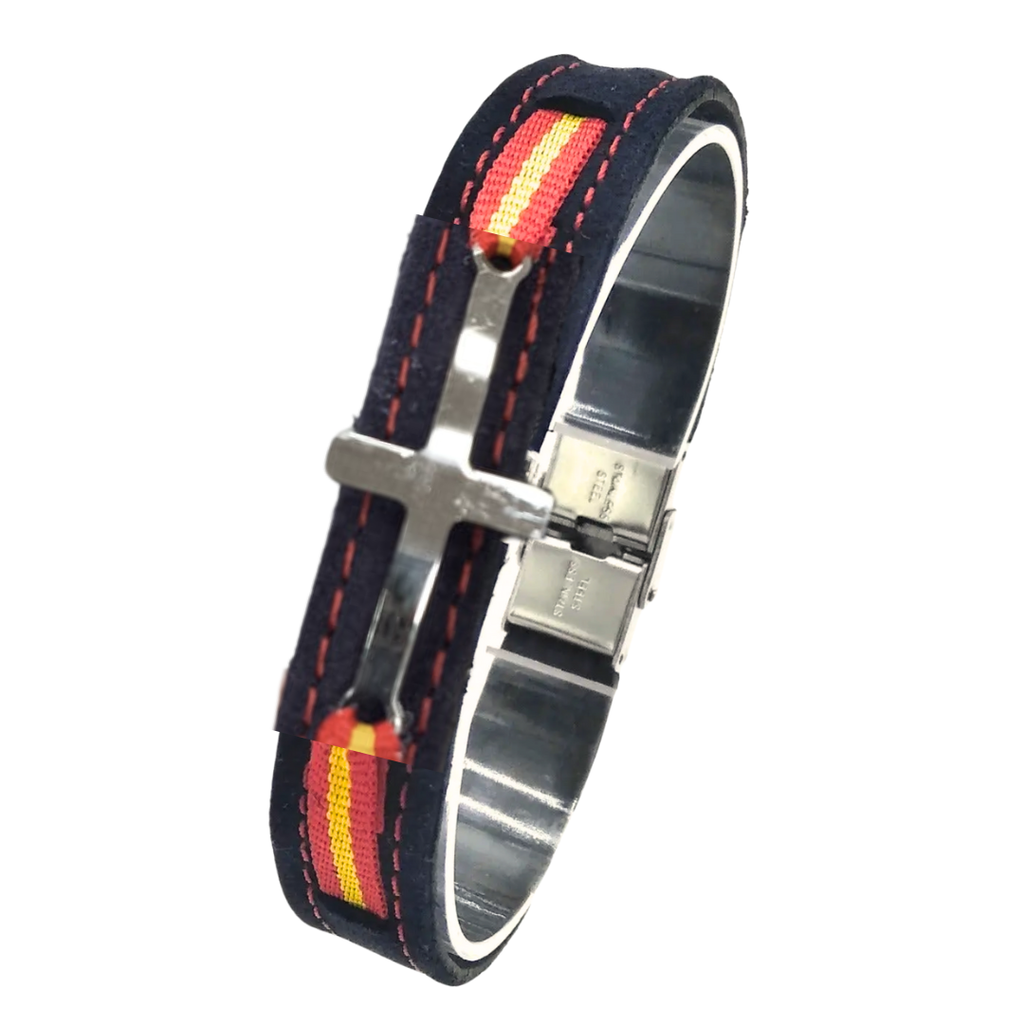 Pulsera piel España Cruz Católica serraje azul