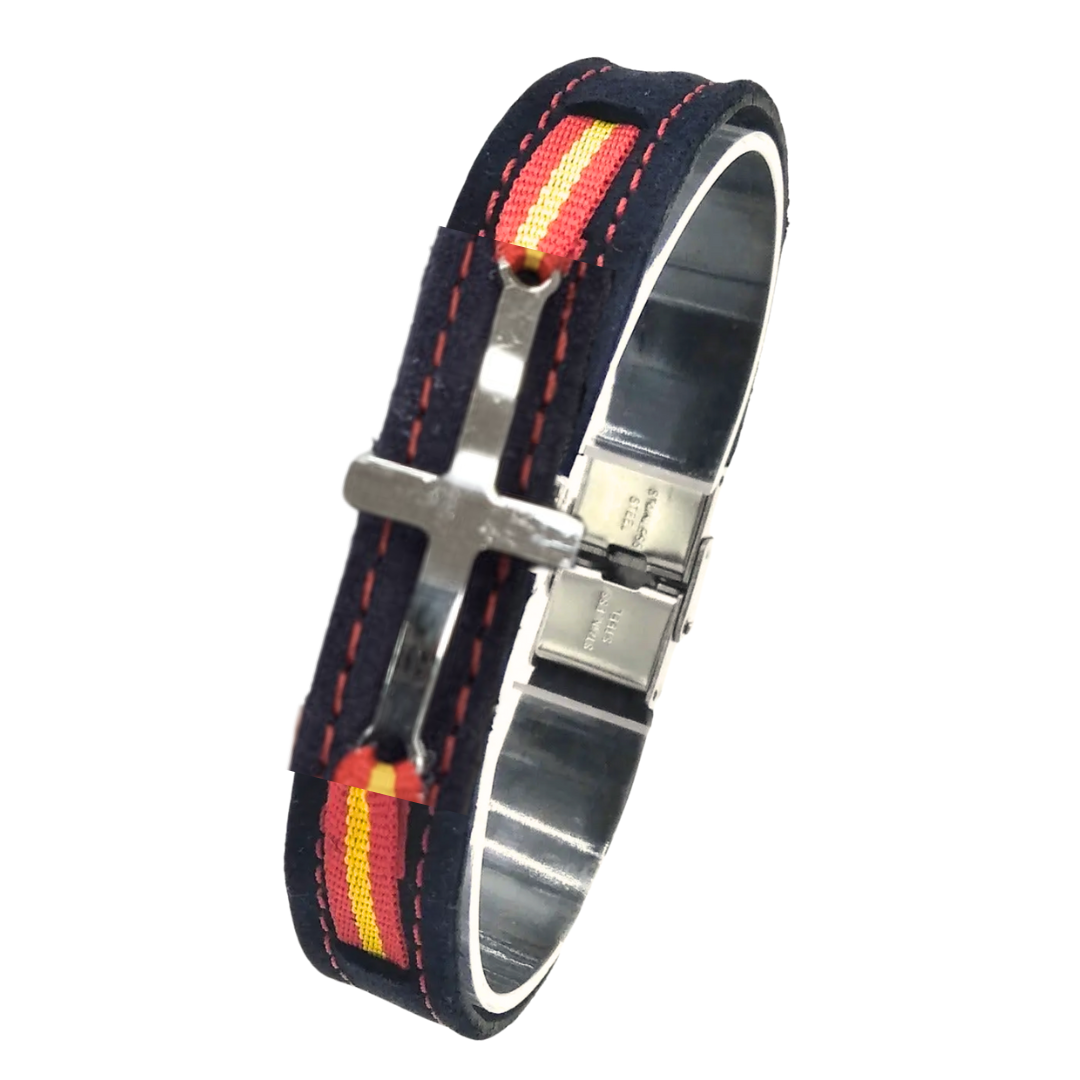 Pulsera piel España Cruz Católica serraje azul